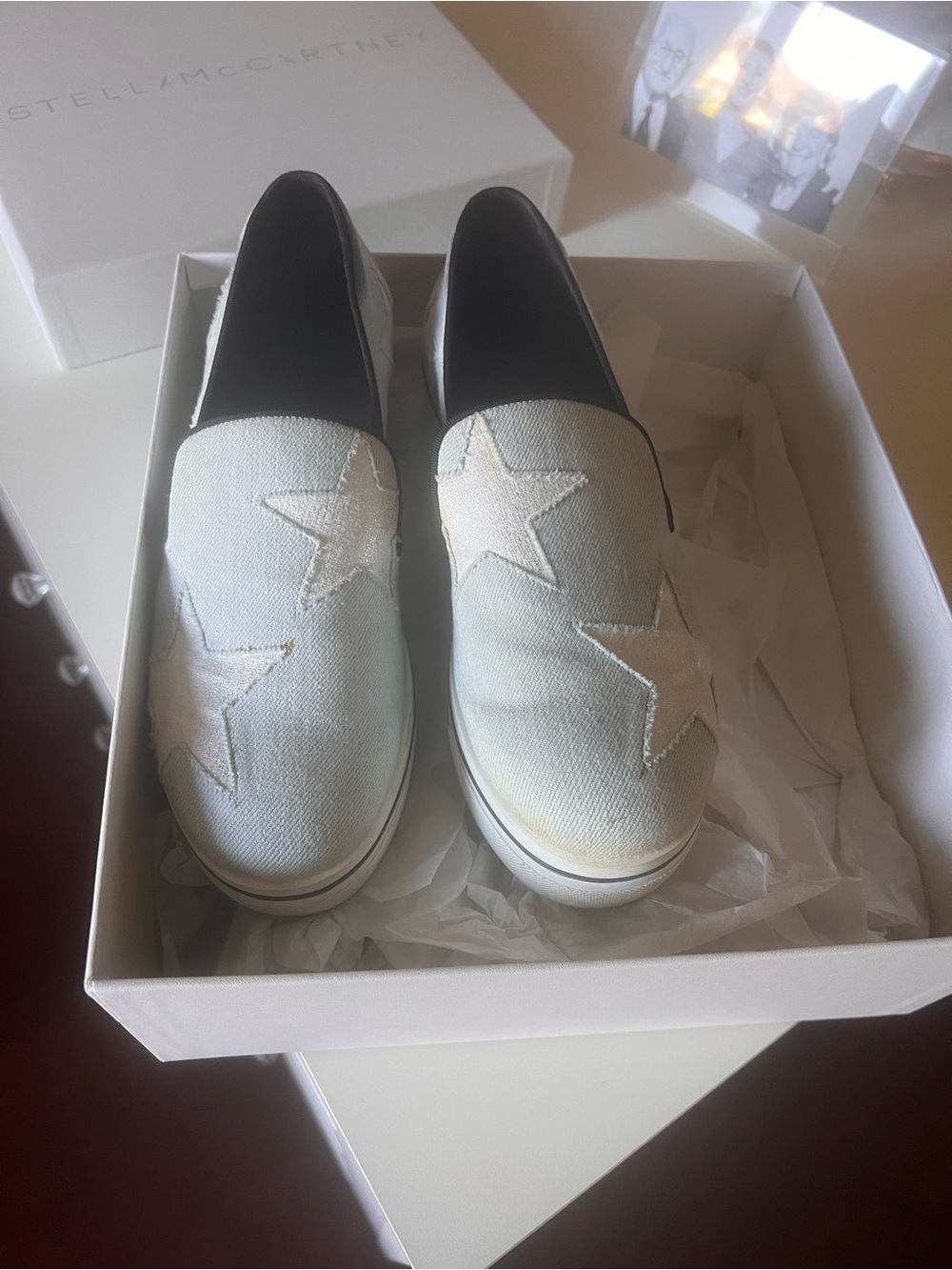 Stella McCartney Light Blue Canvas Slip-On Sneakers with White Star Appliqués